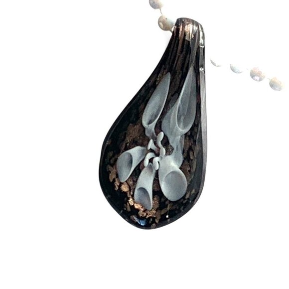 Glass Teardrop Pendant Brown White Opalescent Beaded Chain With Gold Tone Clasp - Picture 11 of 11